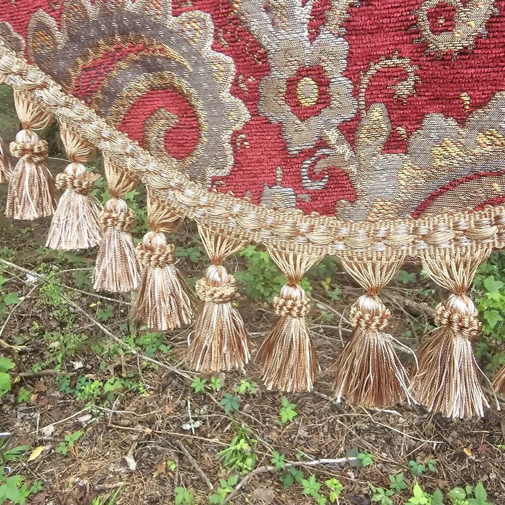 Vintage 1980s Ornate Paisley Damask Window Valance with Gold Tassel Trim